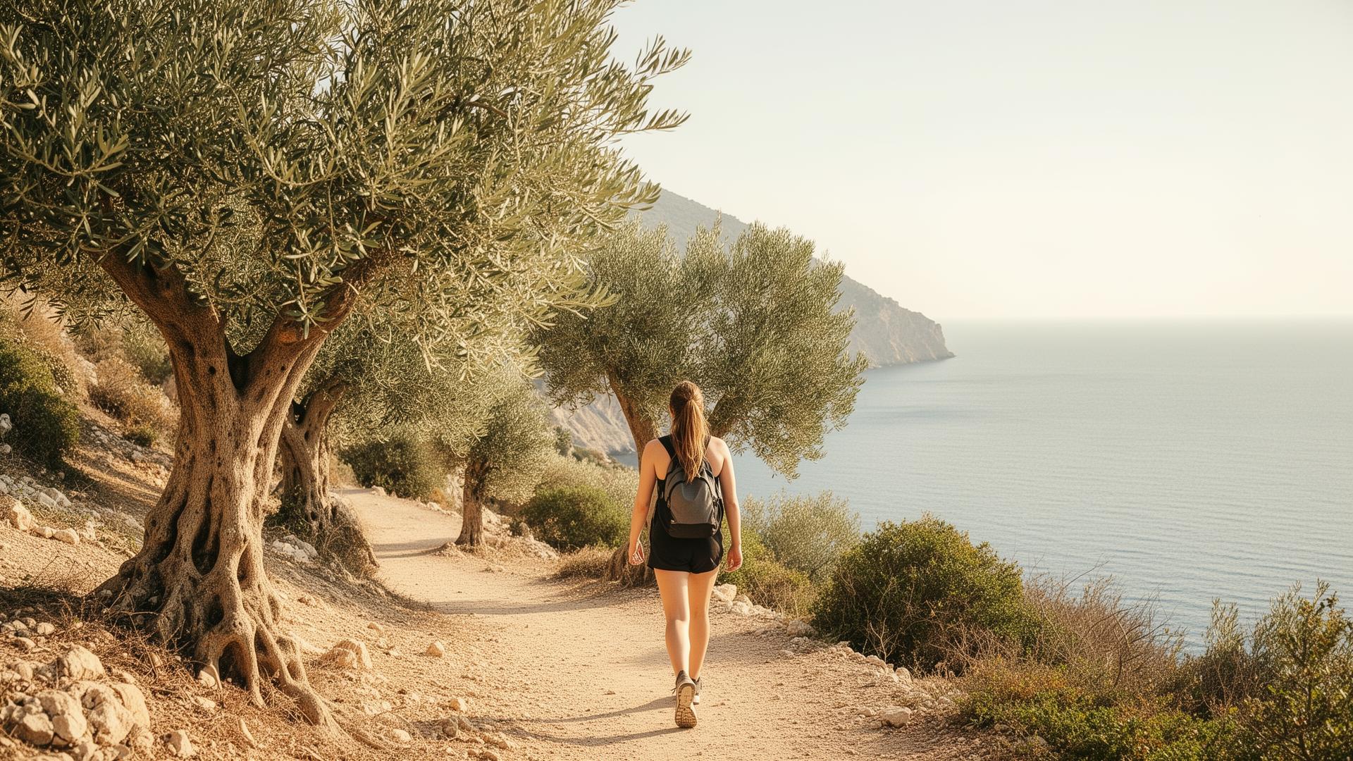 Camí mediterrani amb oliveres i mar al fons